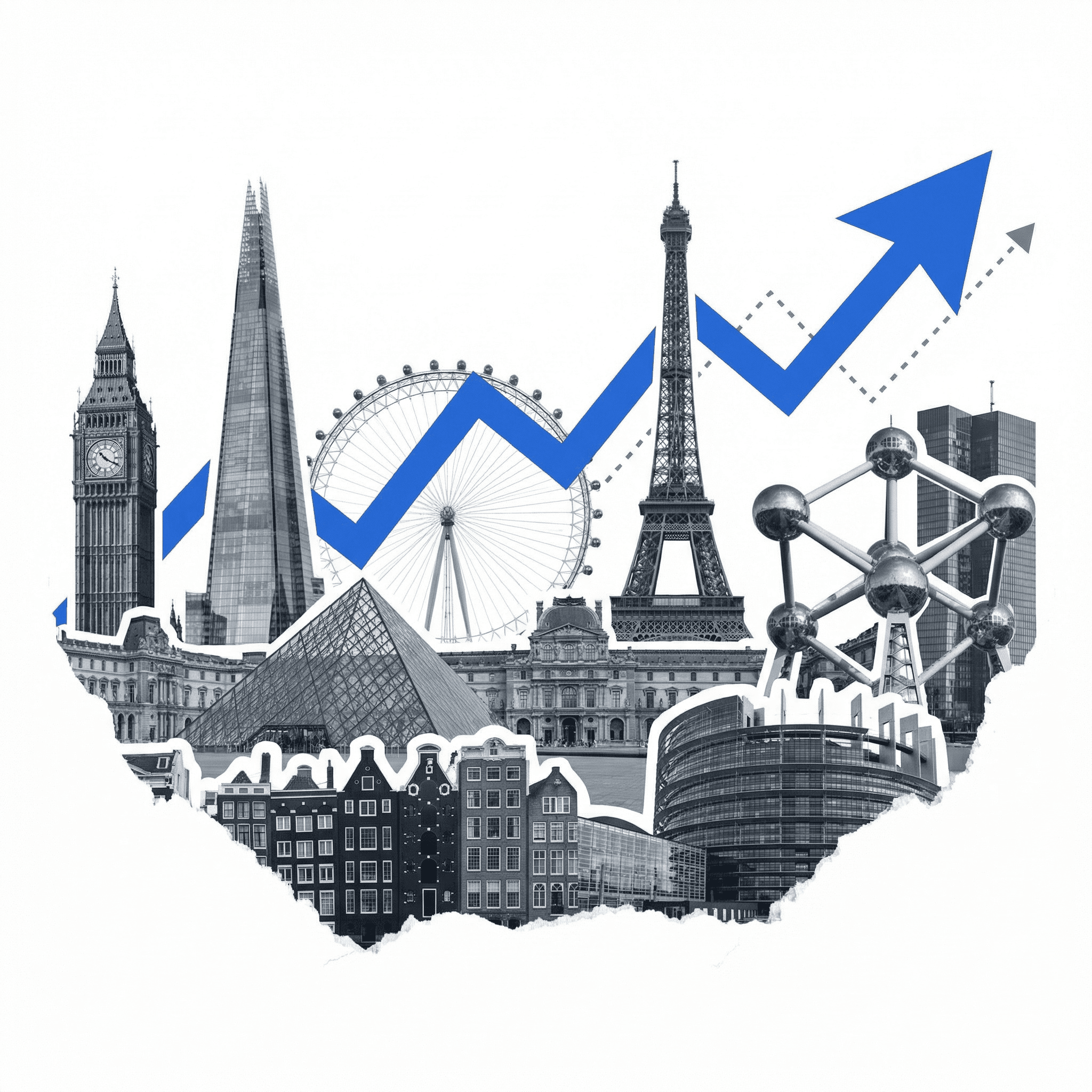 European financial landmarks - London, Paris, Amsterdam, Brussels